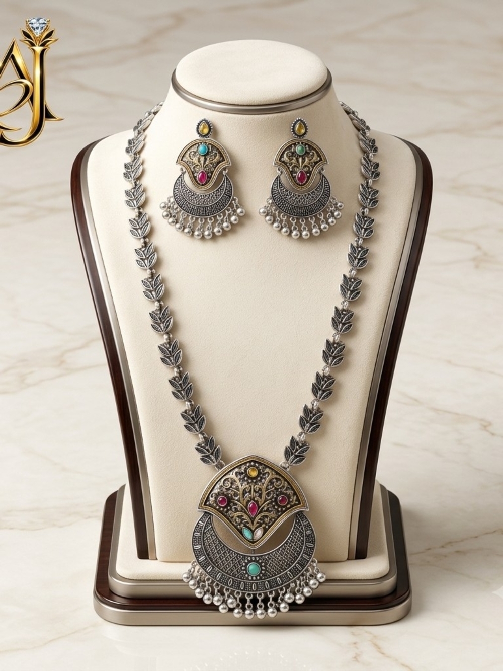 Oxidized Silver-tone Multicolor Pendant Necklace & Earring Set